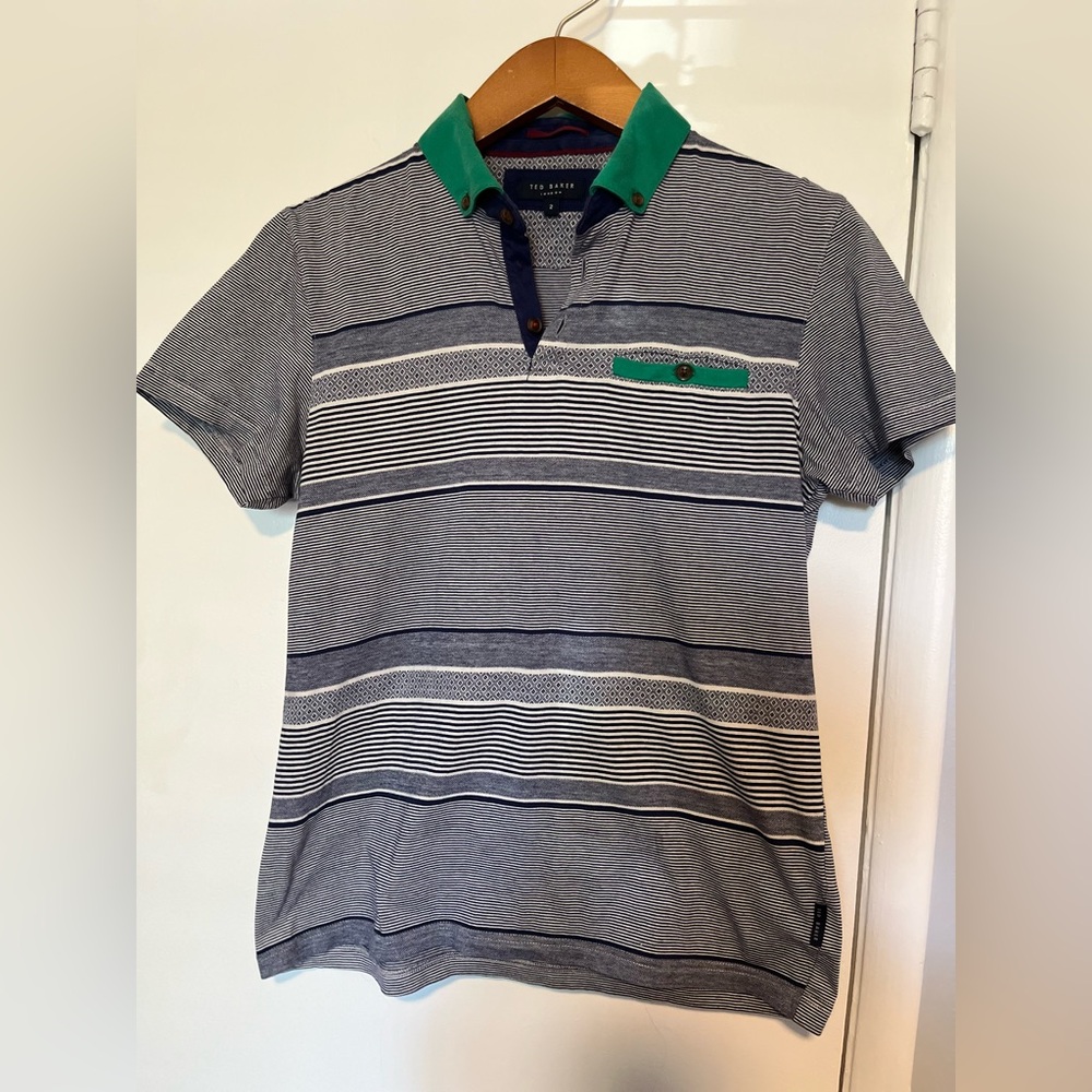 Ted baker navy striped polo with green collar size 2